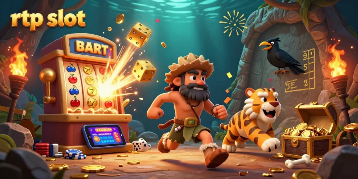 Experience rtp slot excitement with a lively caveman and tiger duo in a vibrant prehistoric casino.