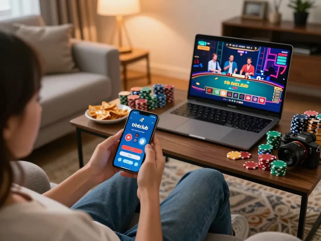 Engage in exciting gameplay with tải hitclub app displayed on smartphone in a cozy home setup.