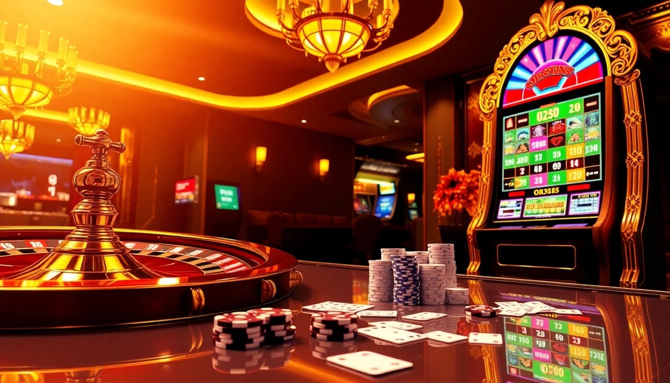 Exciting OK365 gaming action featuring a roulette wheel, slot machine, and vibrant poker chips.