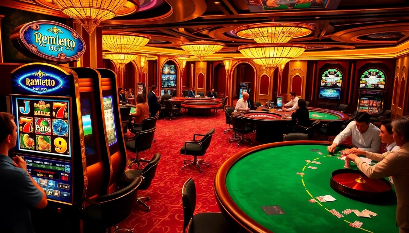 Experience the thrill of demo slot pragmatic with vibrant casino visuals featuring slot machines and poker tables.
