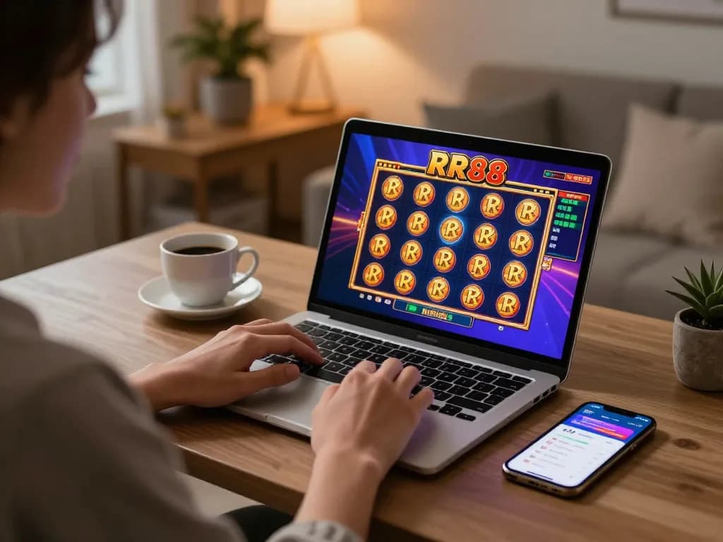Player engaging with RR88 slot games on a laptop, showcasing a vibrant online gaming atmosphere.