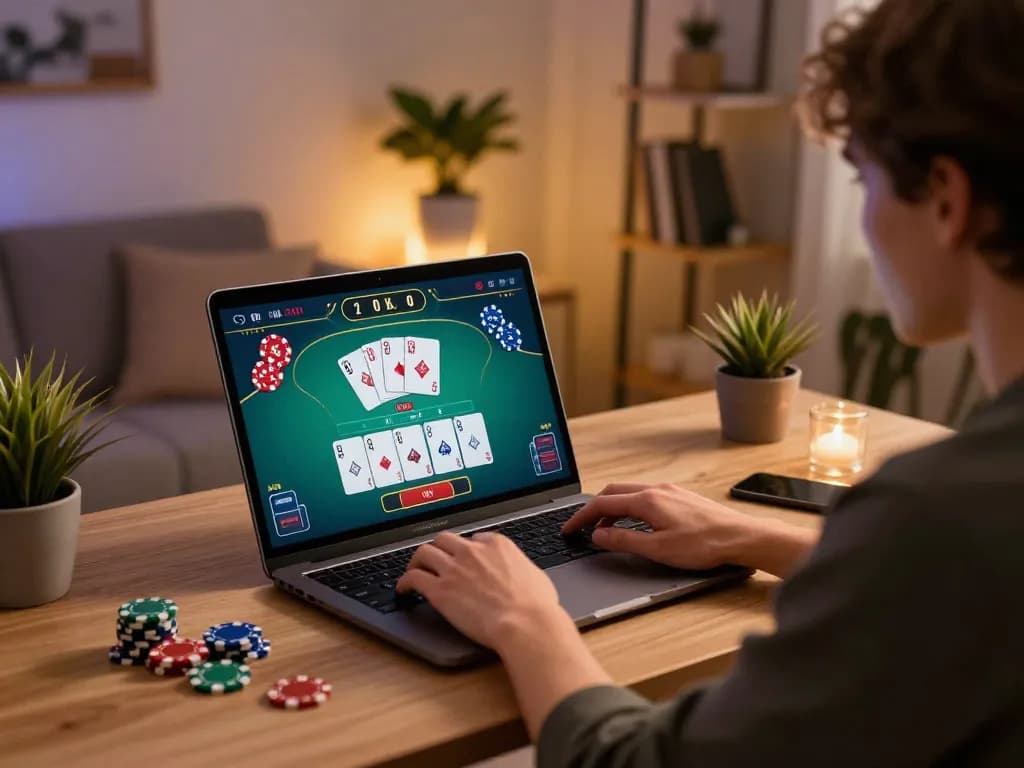 3win actor engaging in online poker gaming with a modern setup showcasing exciting gameplay