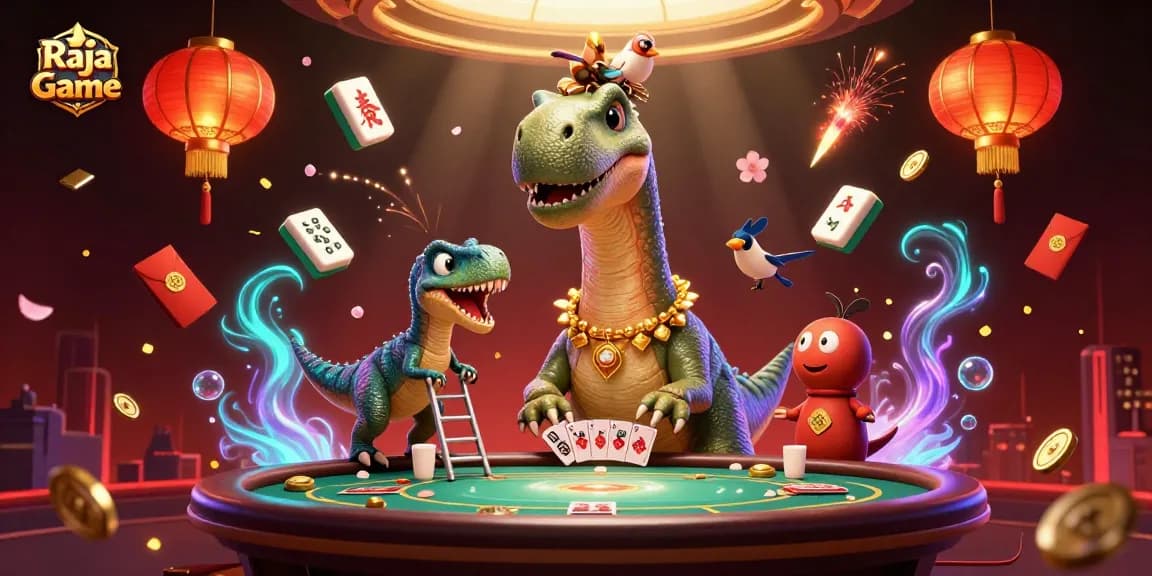 Experience the thrilling world of Raja Game with dynamic 3D characters in a vibrant casino illustration.