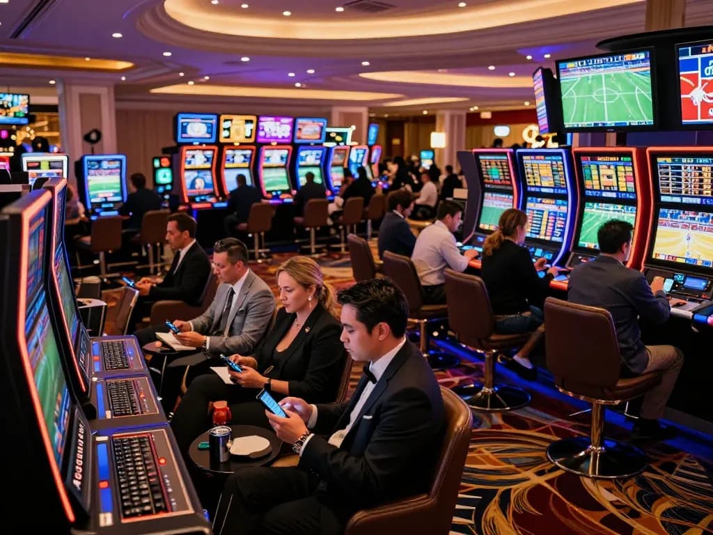Excited bettors analyzing keonhacai sports odds in a vibrant casino setting