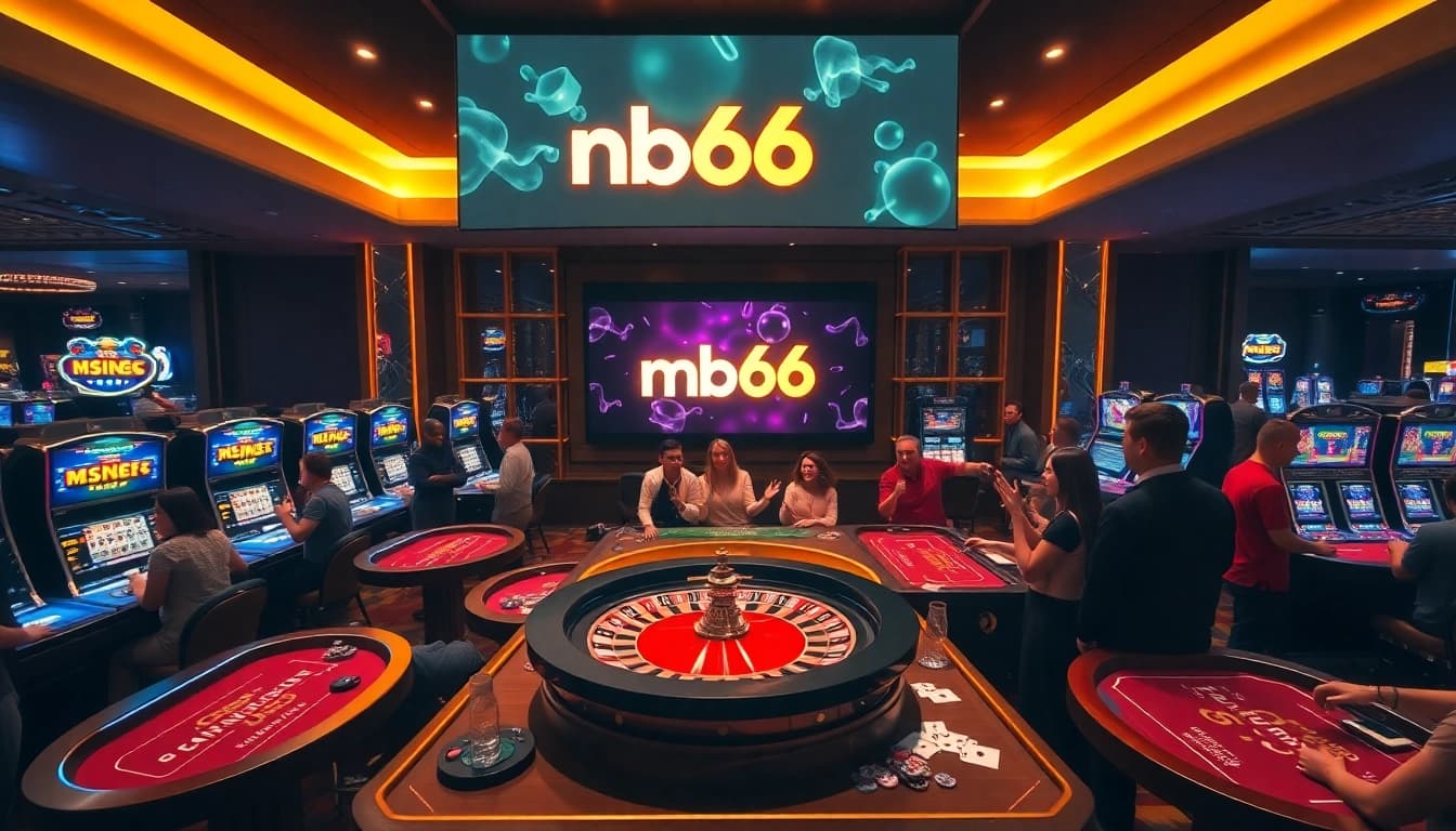 Engaging players enjoying games at the mb66 casino, with vibrant tables and slot machines