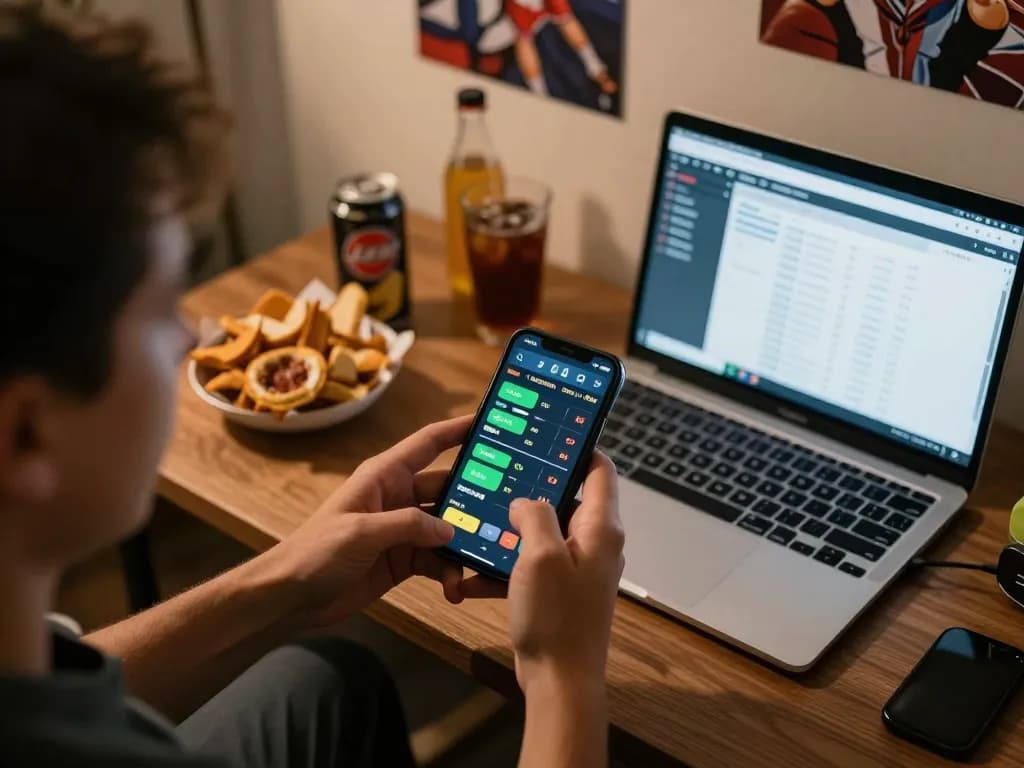 Person actively engaging in sports betting on smartphone, showcasing keo nha cai odds in lively home setting.