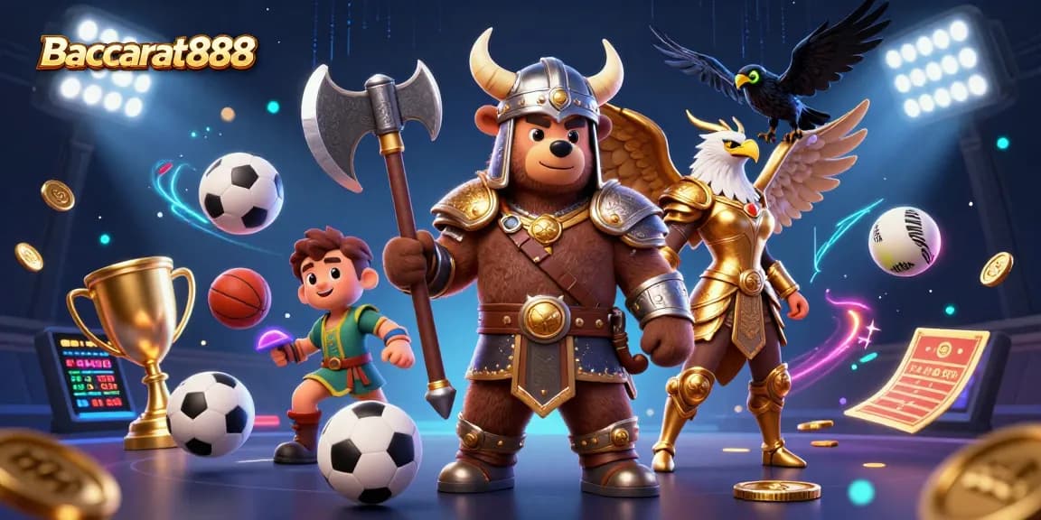 Baccarat888 enhances gameplay with dynamic sports elements and adorable Viking characters in a colorful casino scene.