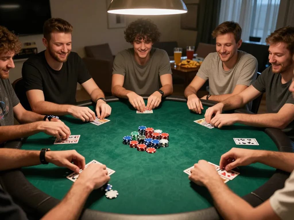Enjoying a thrilling online poker game, featuring strategic decisions and community bonding, showcasing Prediksi Jitu elements