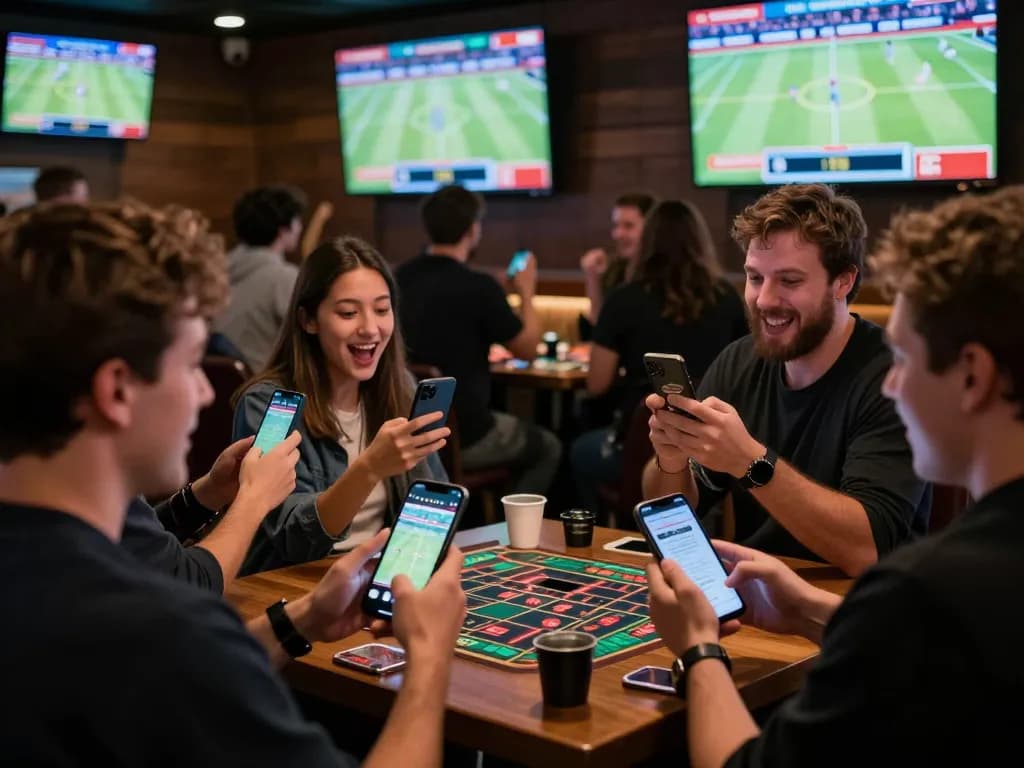 Engaged sports fans actively placing bets on their smartphones while enjoying the live event at https://rr88.auction/