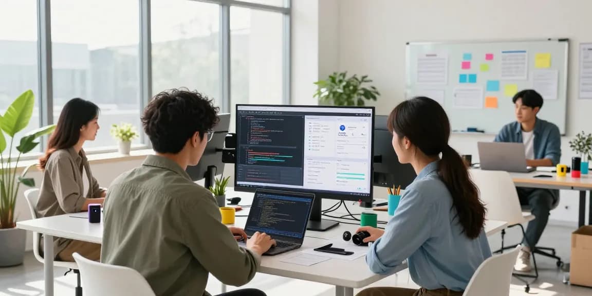 Collaborative workspace with professionals discussing 纸飞机中文版 app development in a modern tech environment.