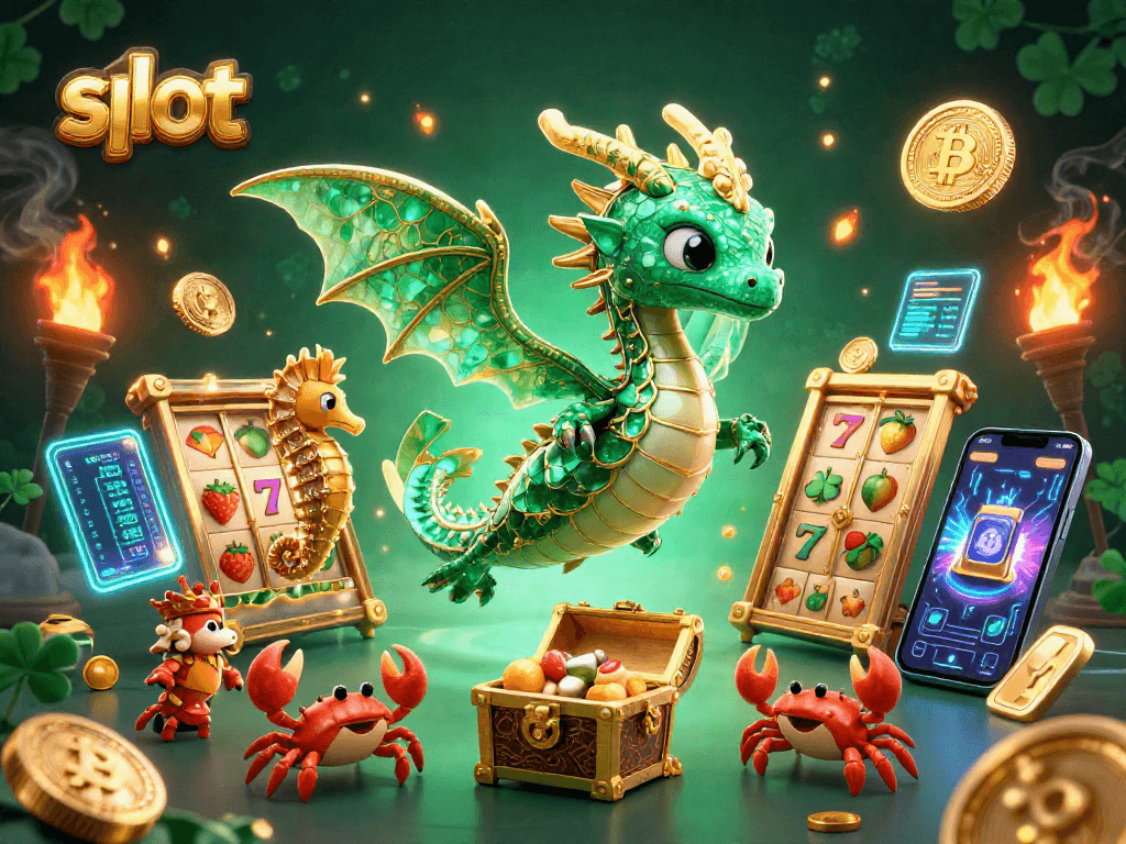 Experience thrilling slot play with vibrant sea dragon and treasure chest in a dynamic casino scene.