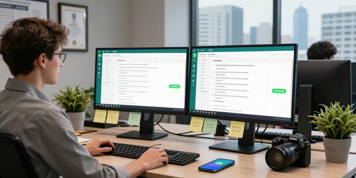 Using WhatsApp電腦版 in a modern office workspace with dual monitors and a smartphone, showcasing an efficient communication setup.