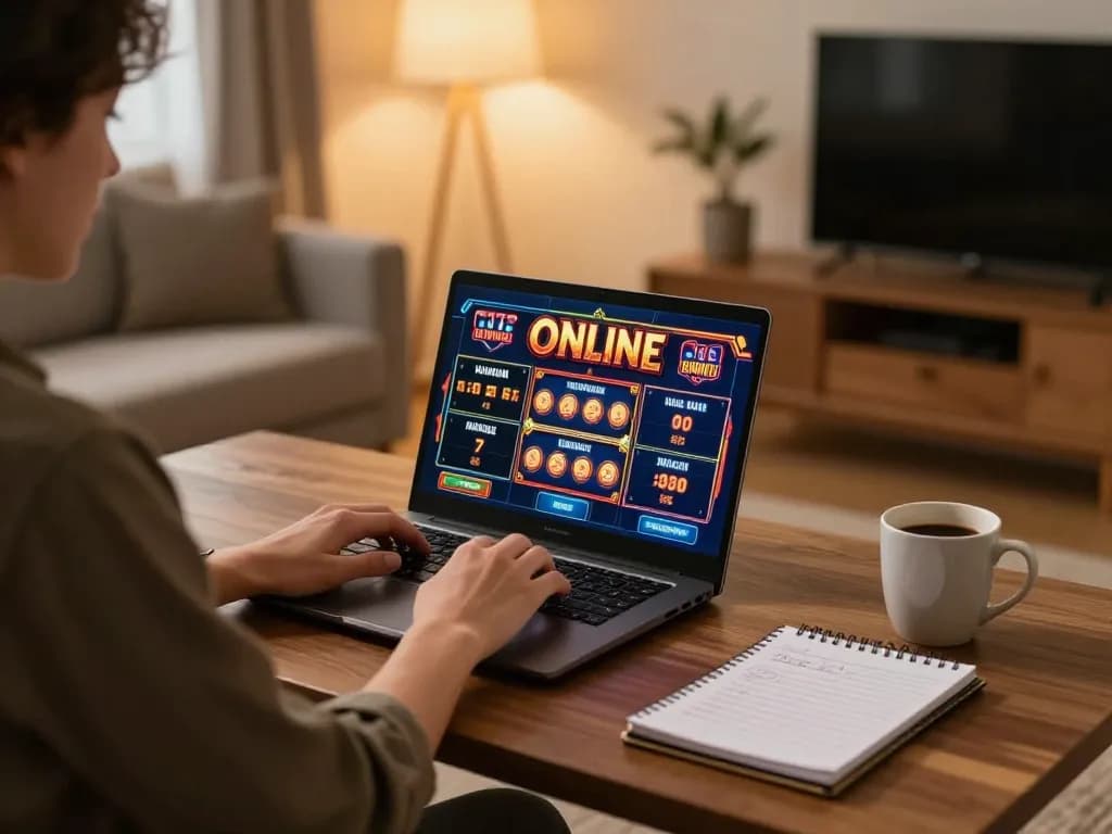 HB88 players engaging with online slots on a cozy home setup, highlighting strategic gameplay.