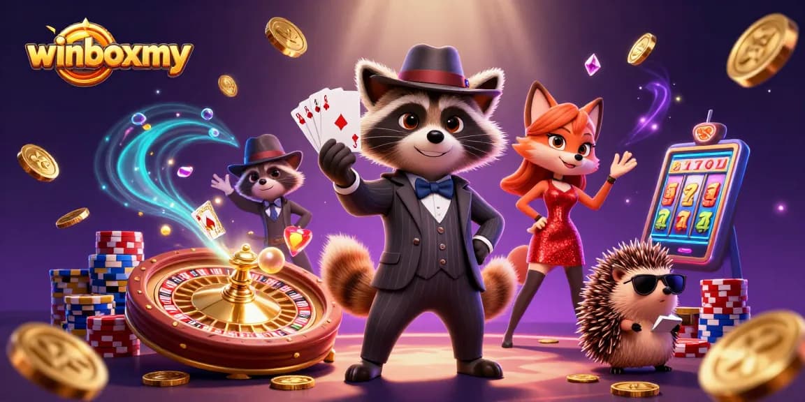 WinboxMY showcases a raccoon in a suit and a charming fox winning at casino games amid vivid lights and golden coins.