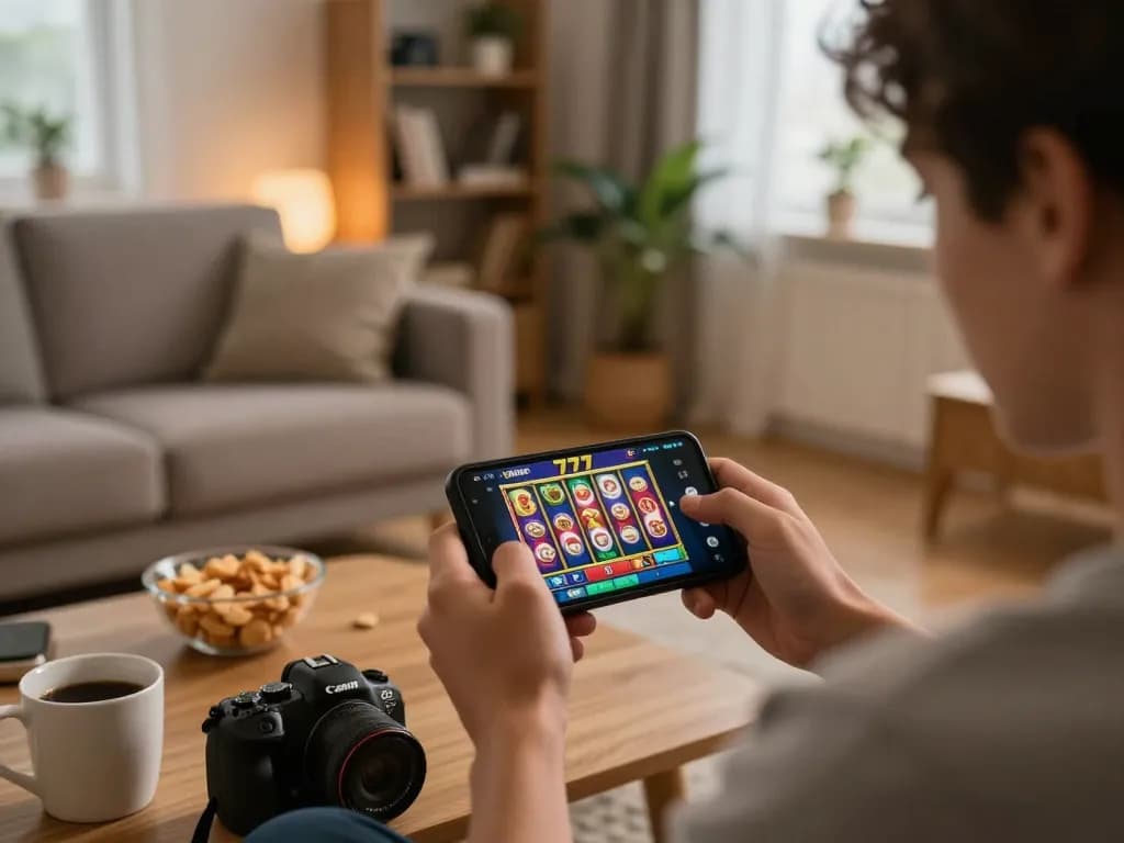Playing slot777 on a smartphone in a cozy home setting, showcasing engaging virtual slot gameplay.