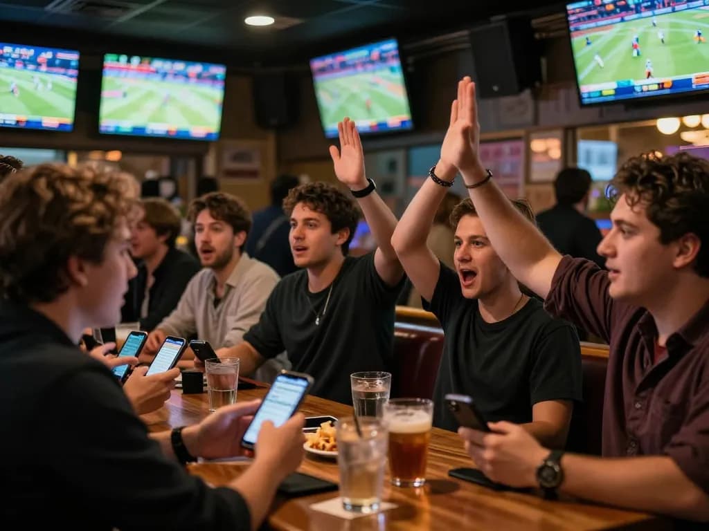Engaging sports betting experience while betting on kèo nhà cái hôm nay at a lively bar, excitement palpable.