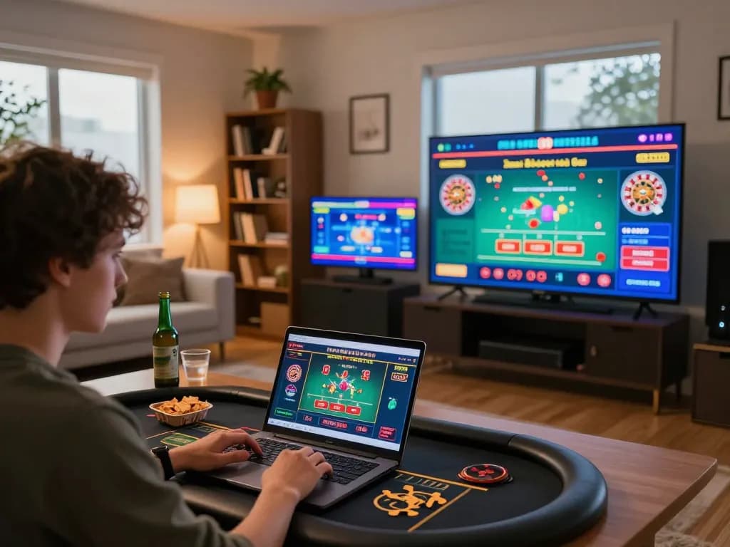 Player engaging in online casino games at home, showcasing rikvip for an immersive gambling experience