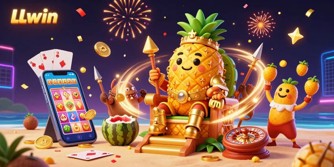 Experience the excitement of LLwin's casino games with a tropical 3D cartoon scene filled with vibrant characters and dynamic elements.