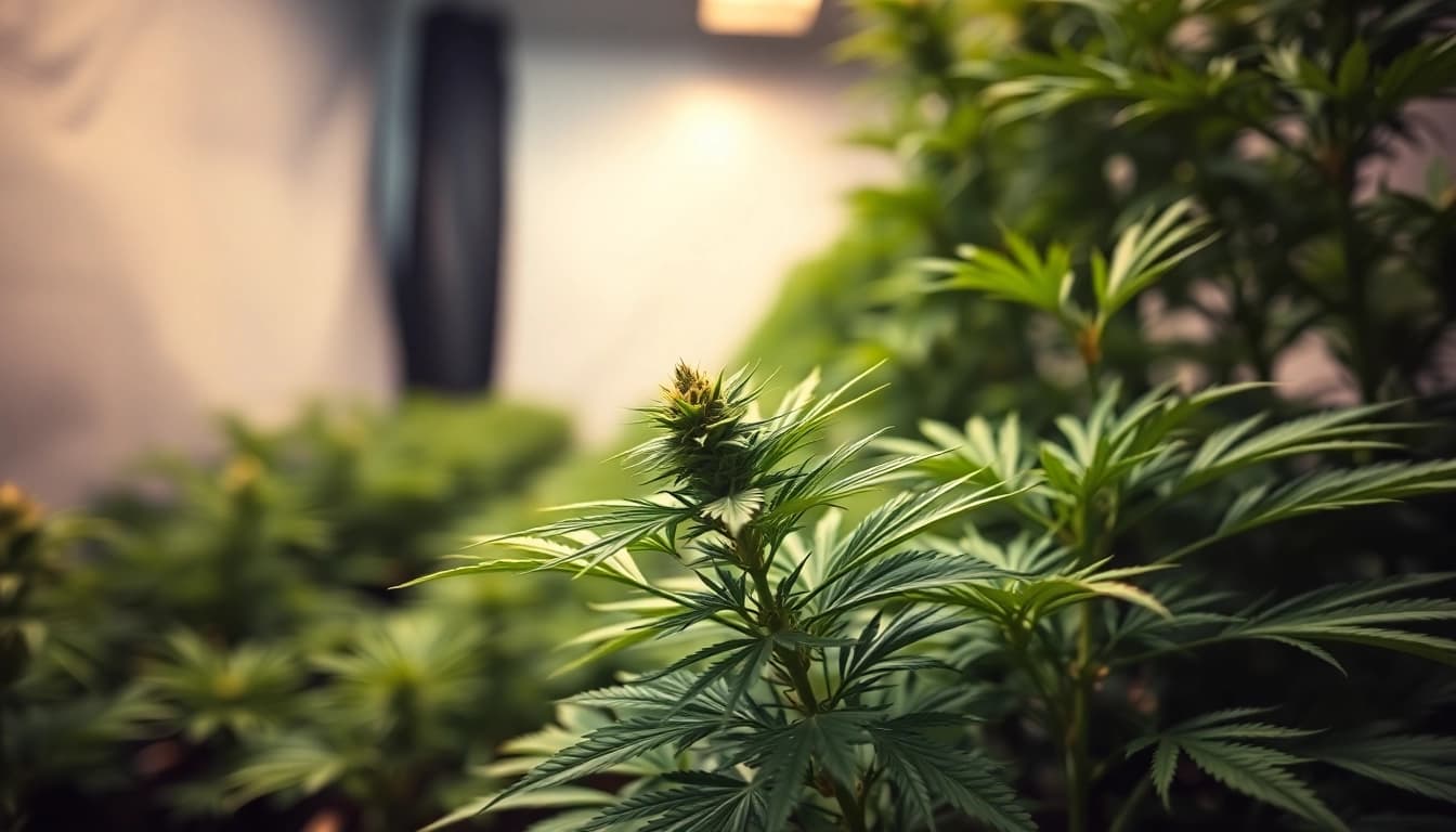 Showcase a vibrant cannabis plant representing GEEK THC's quality in an indoor grow room.