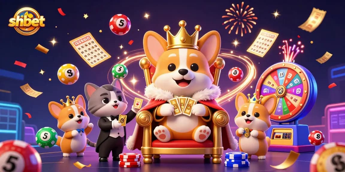 Experience the fun of shbet with vibrant gaming scenes featuring a colorful royal corgi and lottery elements.