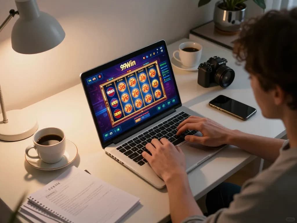 Engaging online gaming experience at 99win with vibrant slot interface on laptop.