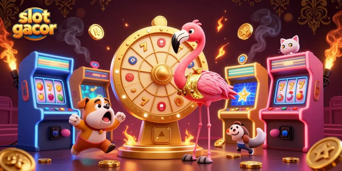 Spinning the slot gacor prize wheel with a flamingo host, a bulldog contestant, and a scoreboard cat.
