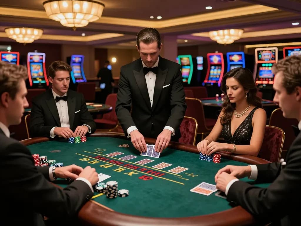 Players engaging in a live blackjack game at F8beta2's exclusive casino, showcasing luxury and excitement