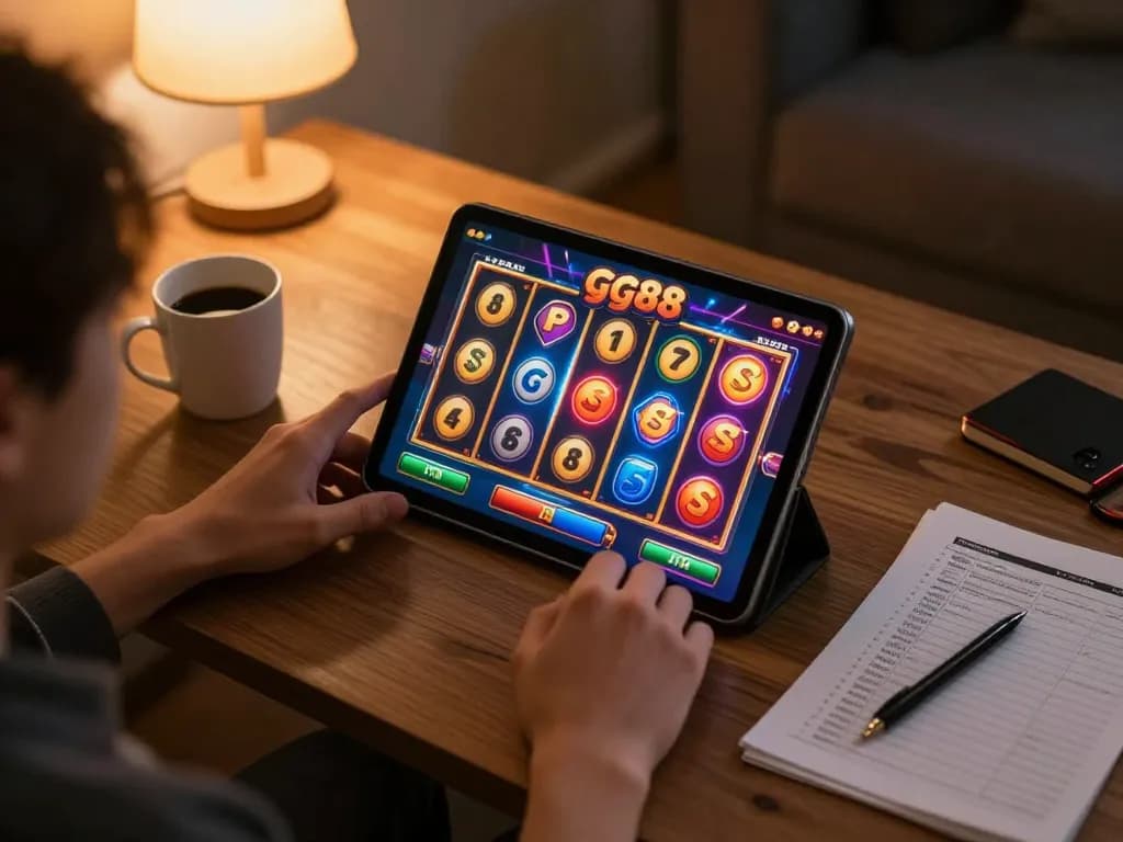 Engaging user enjoying gg88 slot on tablet at home with strategic notes and cozy atmosphere.