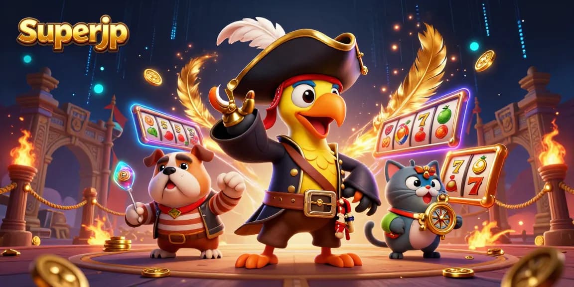 Engage with superjp in a vibrant casino scene featuring a pirate captain and joyful characters.