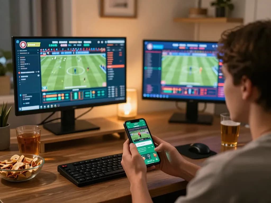 Betbet user engaging in sports betting with smartphone, vibrant home setup