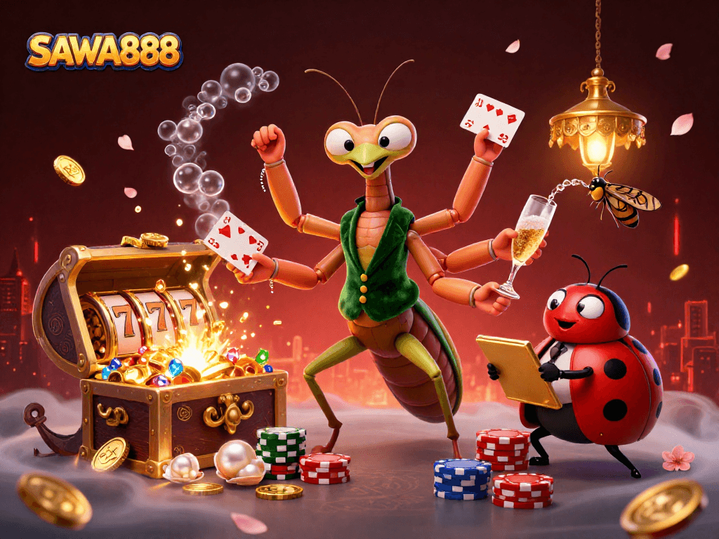 Experience thrilling gaming at SAWA888 with vibrant characters and dynamic gambling elements.