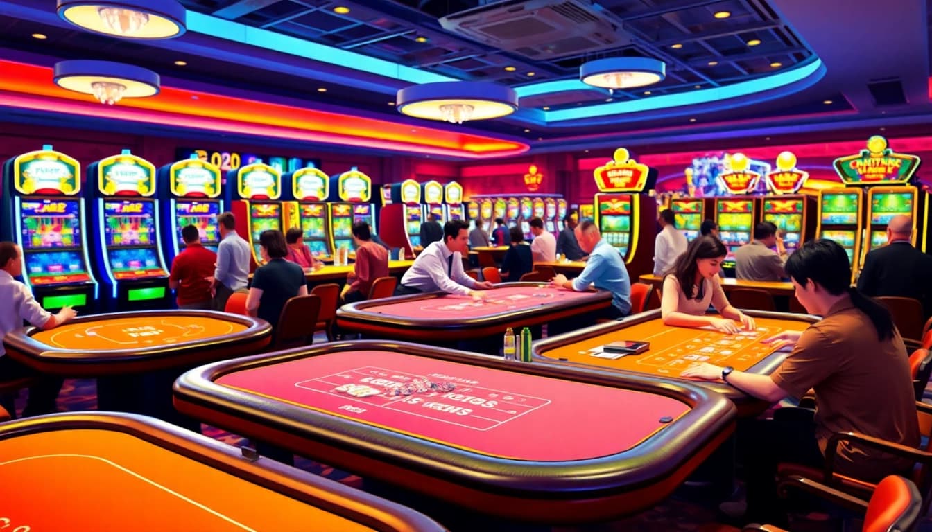 Menggambarkan suasana kasino bbni4d dengan pemain beragam dan mesin slot yang terang.