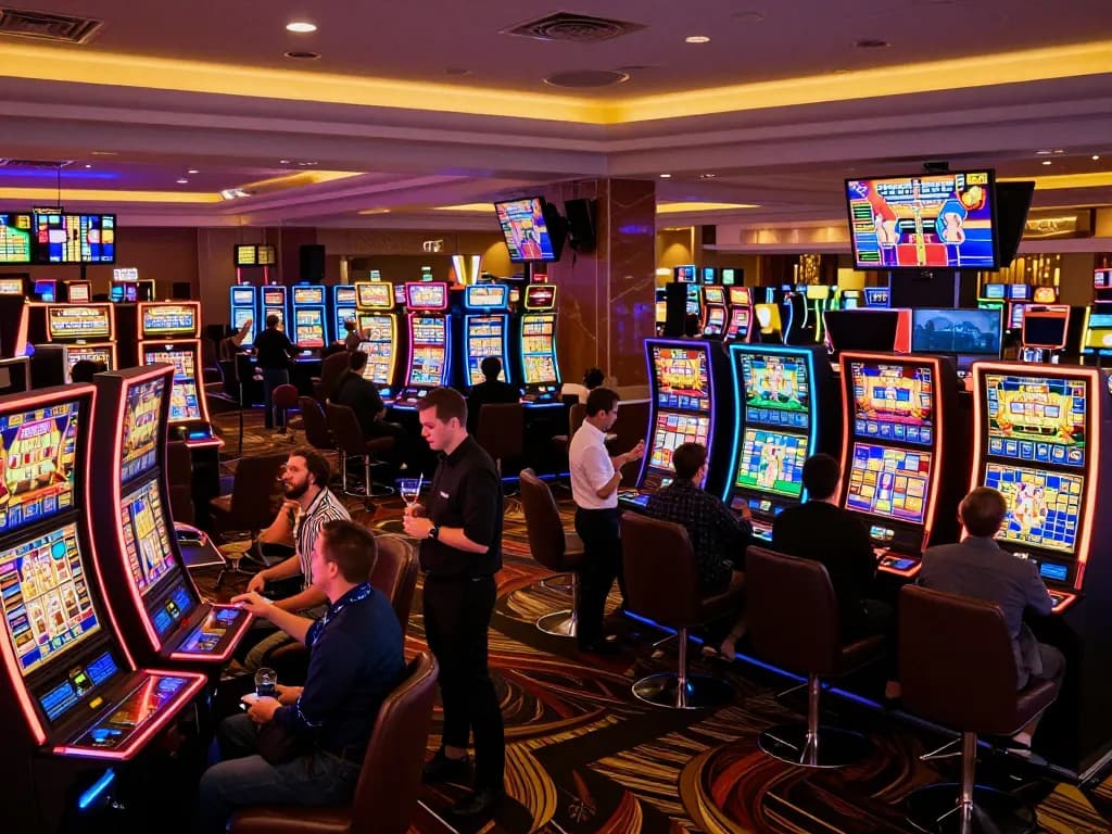 Players enjoying the vibrant atmosphere at USBET casino slots, celebrating wins with colorful lights.