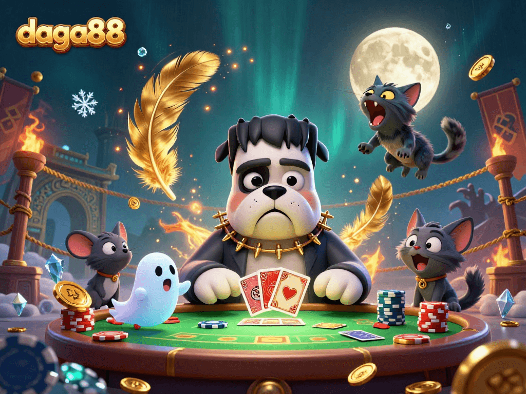 Engage with daga88's thrilling action featuring a bulldog dealer and a werewolf kitten in a lively gaming scene.