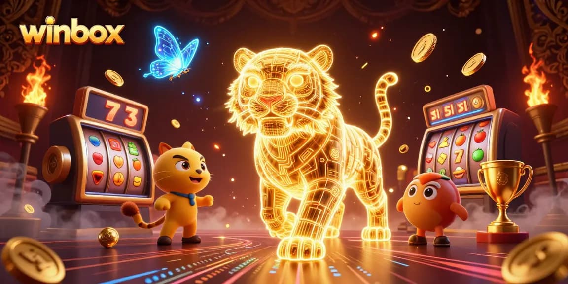 Winbox casino experience featuring a golden tiger in a digital landscape, slot reels, and vibrant game symbols.