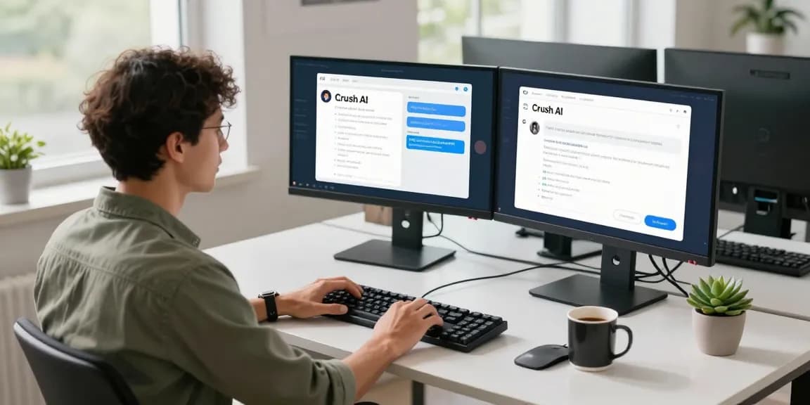 Dynamic workspace featuring Crush AI development on dual monitors, showcasing innovative chatbot interfaces and a developer immersed in tech.