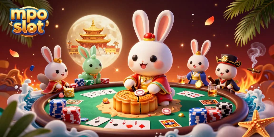 Experience mpo slot with the rabbit pounding mooncakes, revealing poker chips amidst casino elements.