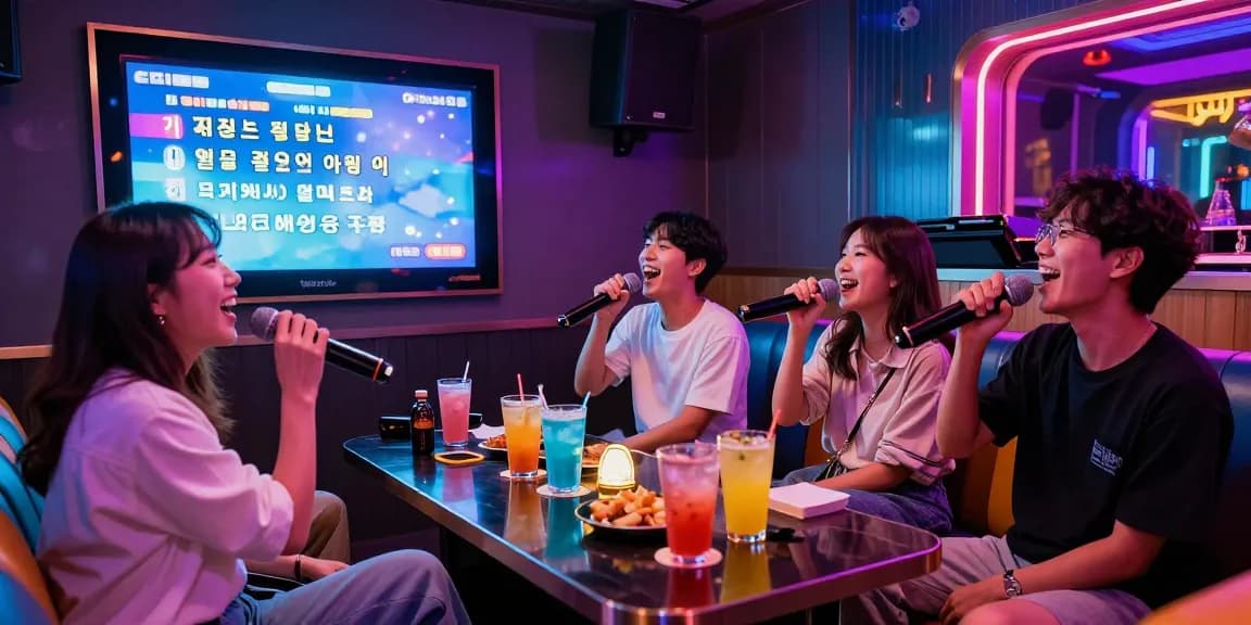 Friends enjoying 제주도유흥 at a lively karaoke bar in Jeju Island, showcasing vibrant nightlife and joyful atmosphere.