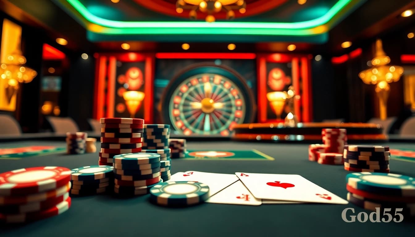 Betting at God55's professional casino table featuring luxurious poker chips and cards.