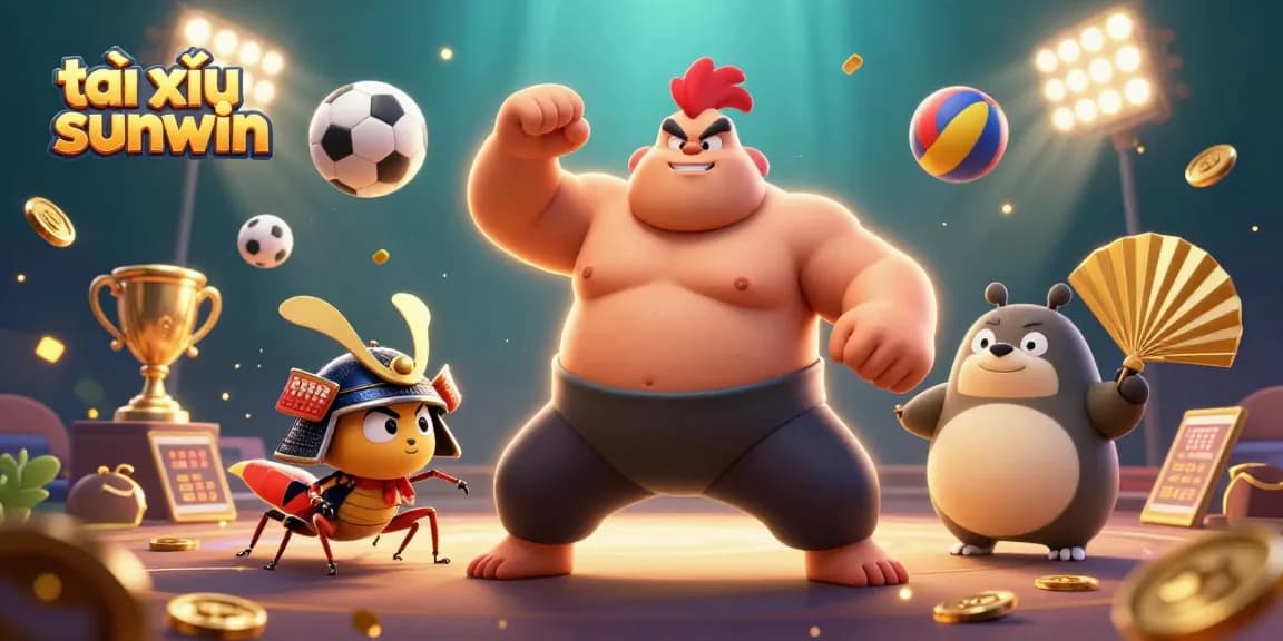 Tài xỉu sunwin showcases thrilling action with a powerful sumo rooster and cricket fighter amidst dynamic sports elements.