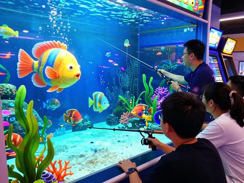 Bắn cá hubet88 online game scene featuring players aiming at colorful animated fish in a vibrant underwater environment.