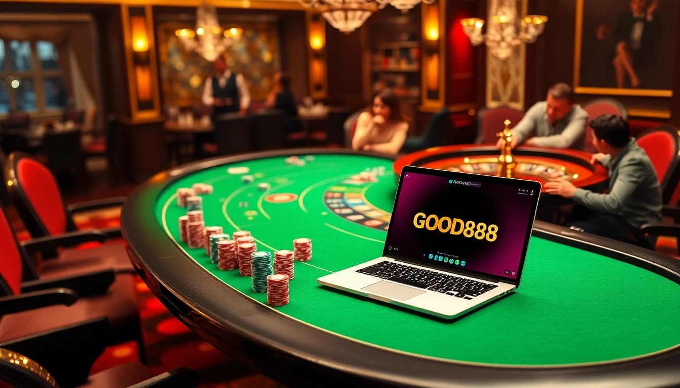 Experience high-stakes gaming at GOOD88, showcasing an exciting poker table scene filled with chips and cards.