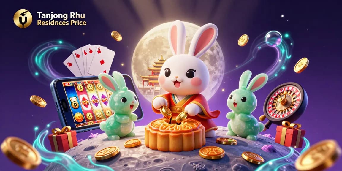 Tanjong Rhu Residences Price showcases a vibrant 3D scene with animated casino elements including poker chips and slot games.