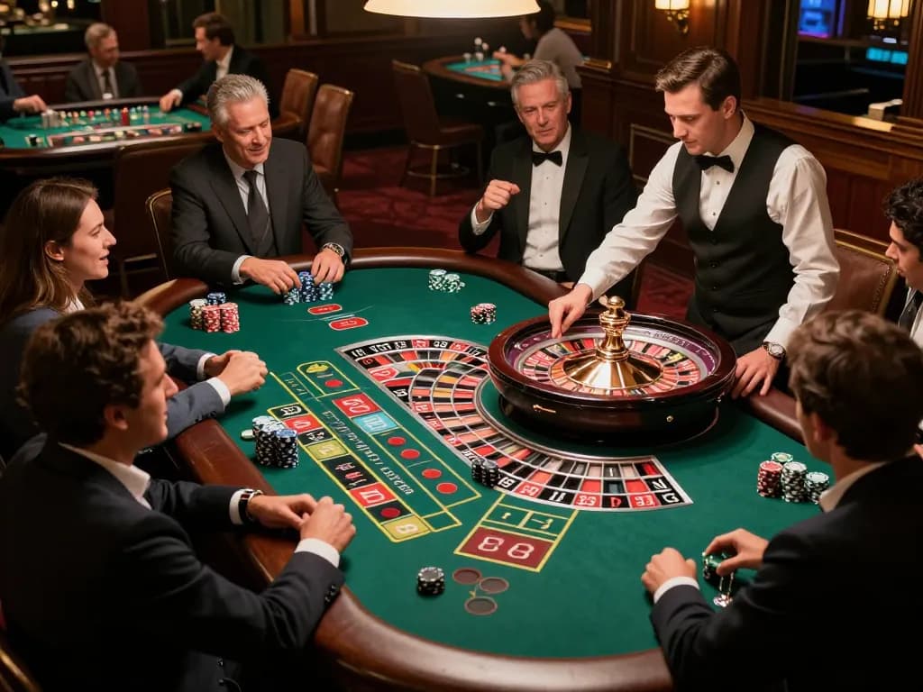 Engaged players placing bets at the taisunwin roulette table in a vibrant casino atmosphere