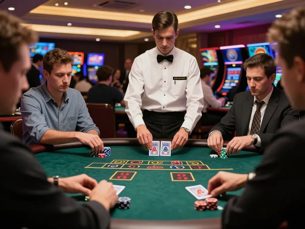 Experience the excitement of blackjack at bj886 with players strategizing bets and revealing cards.