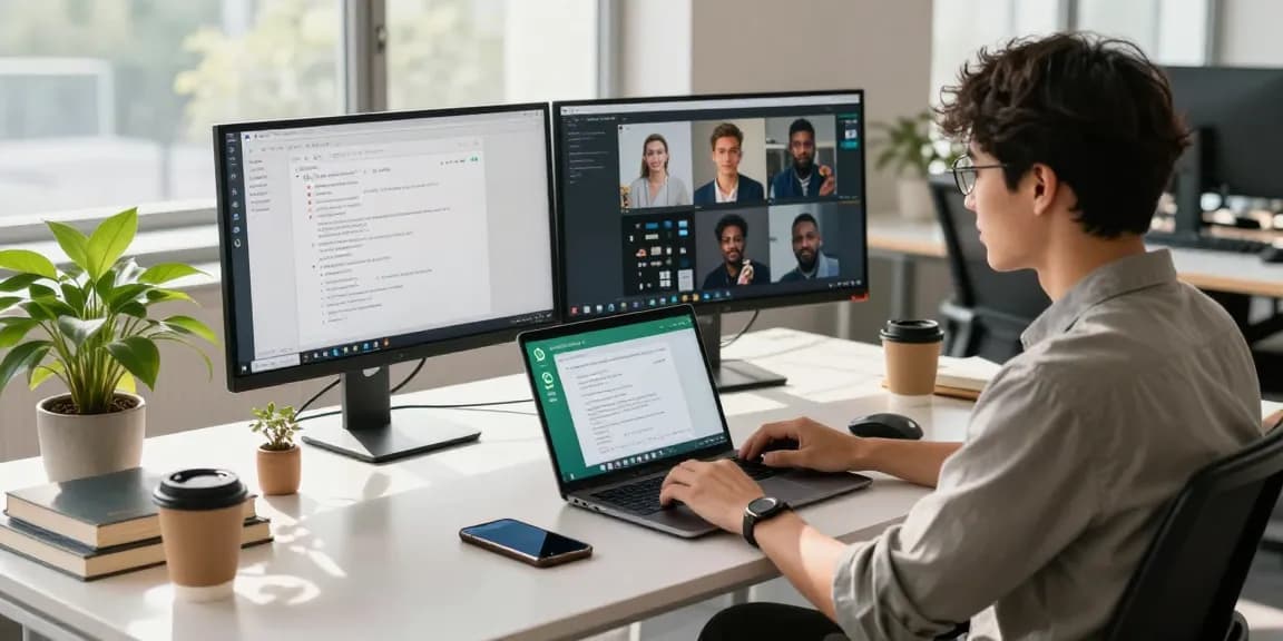 Workspace featuring WhatsApp電腦版 on laptop, young professional working in a modern office environment.