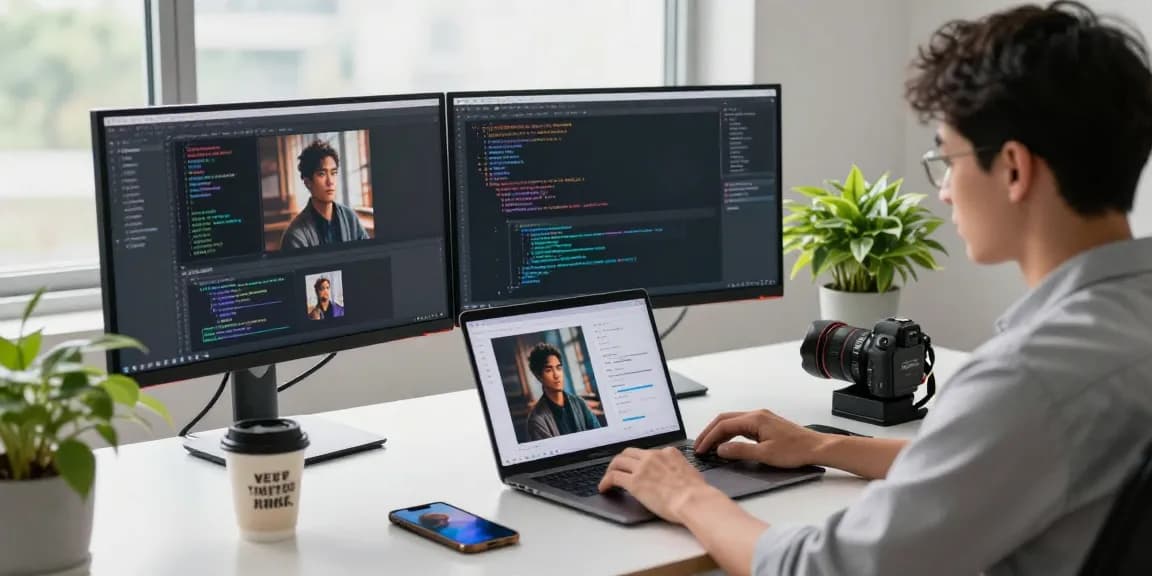 An innovative workspace scene showcasing a developer using an AI prompt image generator with multiple screens, a coffee mug, and plants in a bright setting.