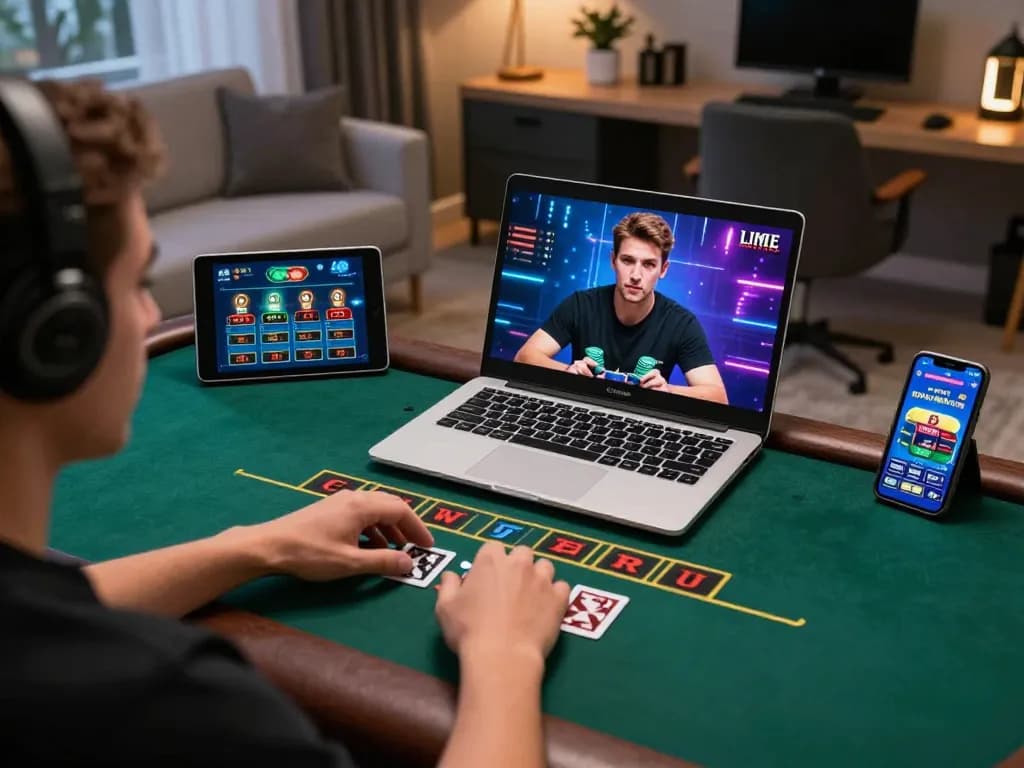 888NEW player focusing on a live dealer blackjack game, revealing modern home gaming setup.