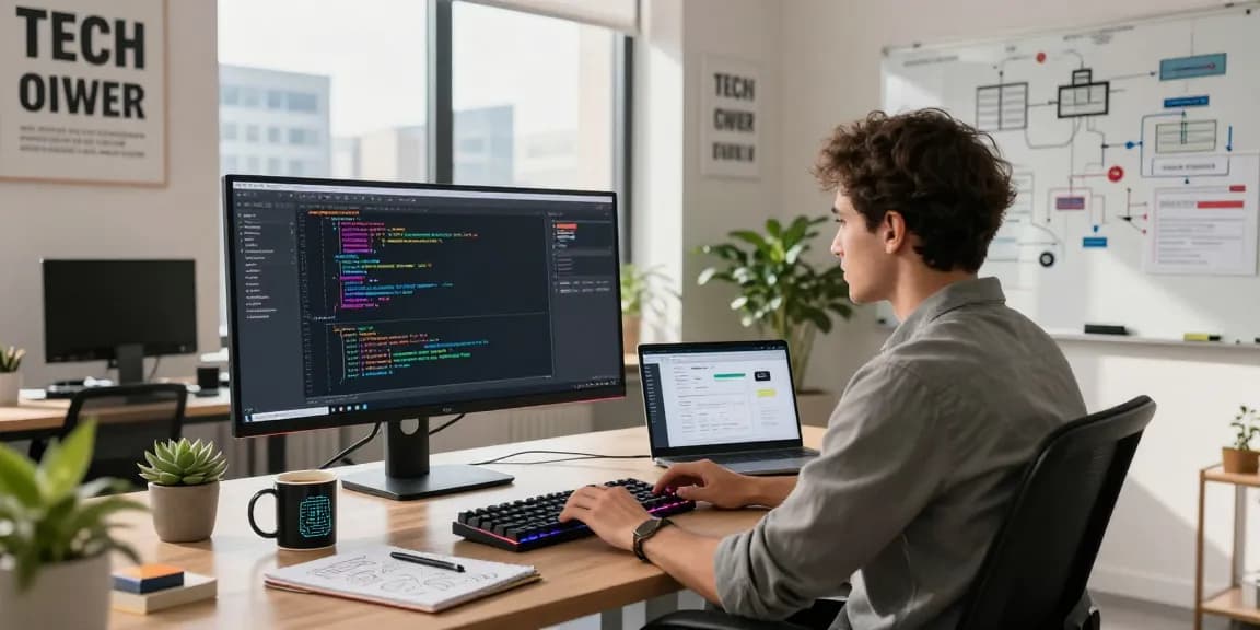 Developer coding at a modern desk in a bright workspace representing WPS Official Website tools.