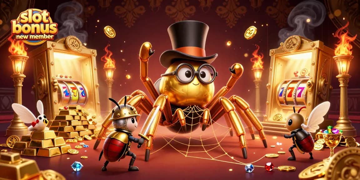 Engage with slot bonus new member through a golden tarantula weaving a rich casino web.